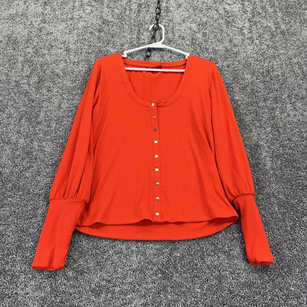 Jennifer Lopez Shirt Womens Large Orange Henley Ribbed Knit Balloon Sleeve Top